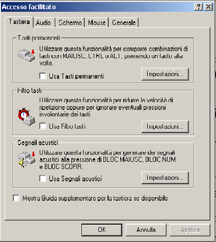 screenshot con la finestra di dialogo Accesso facilitato di Windows